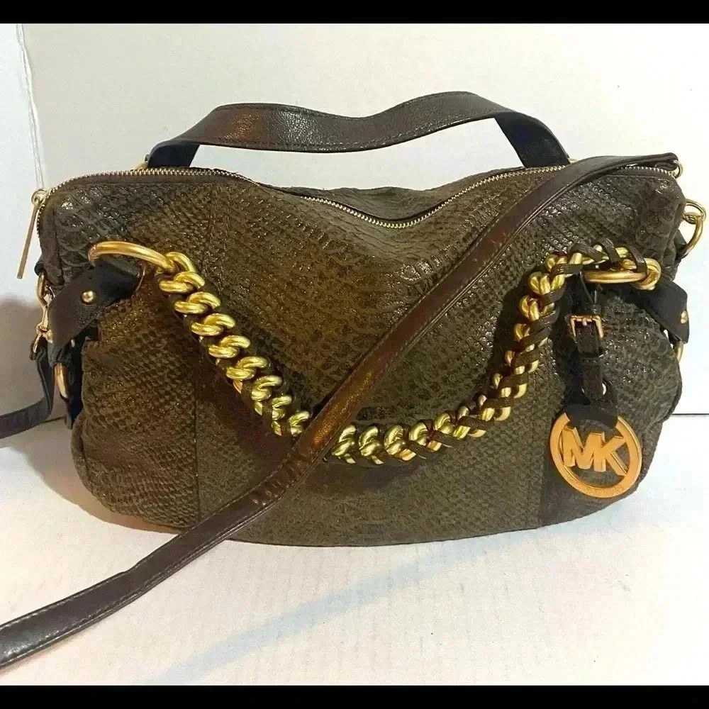 Michael kors brown leather suede satchel handbag